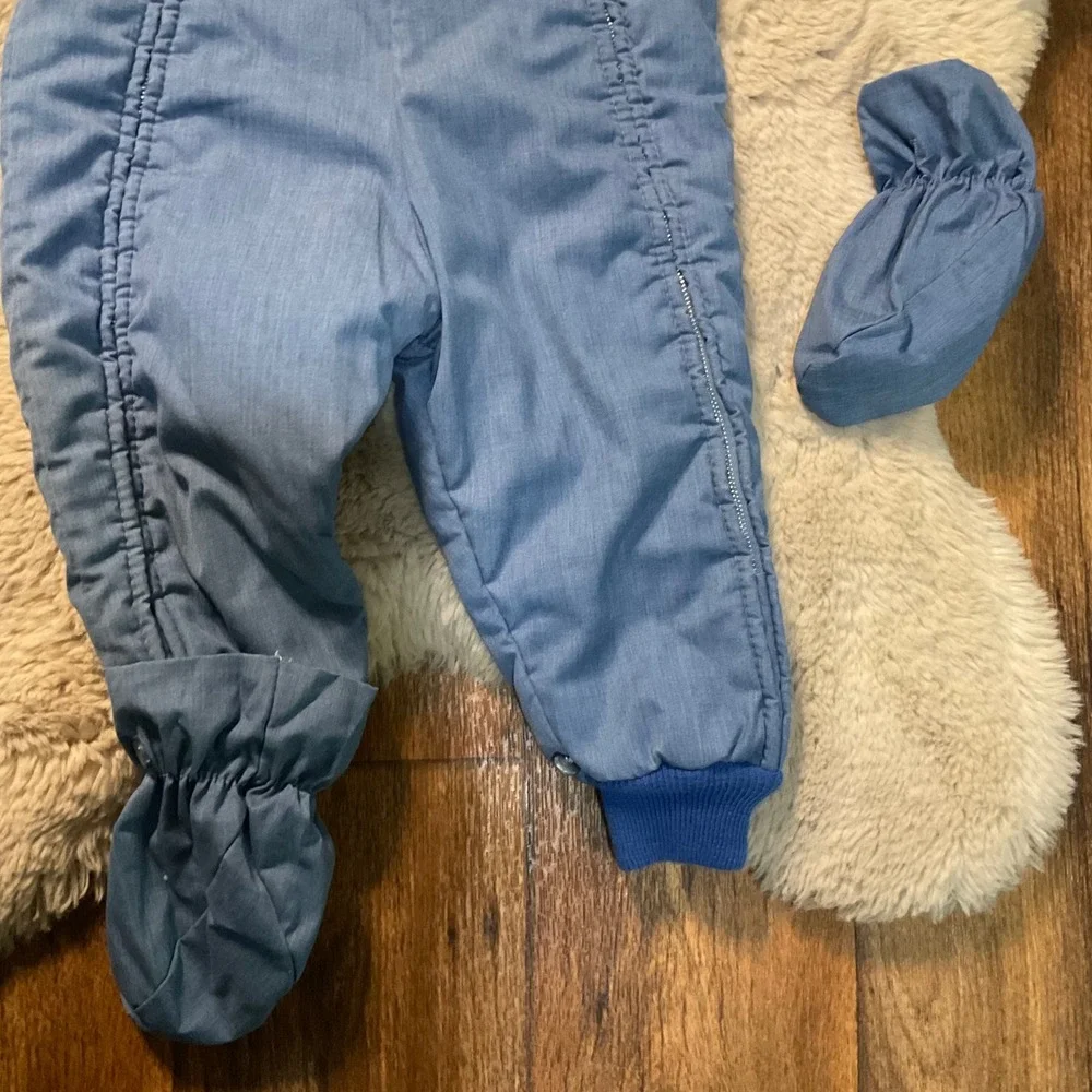 Vintage Snowsuit Baby Bunting Blue Embroidered Hand Foot Covers Removable Hooded